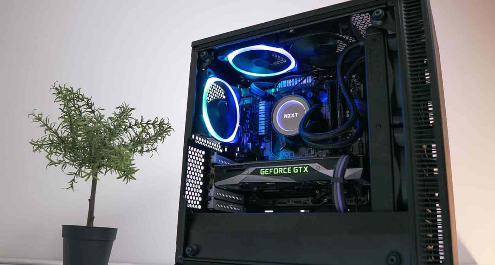 pc case next to a plant