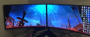 two curved monitors with sword on desktop setup as dual monitors