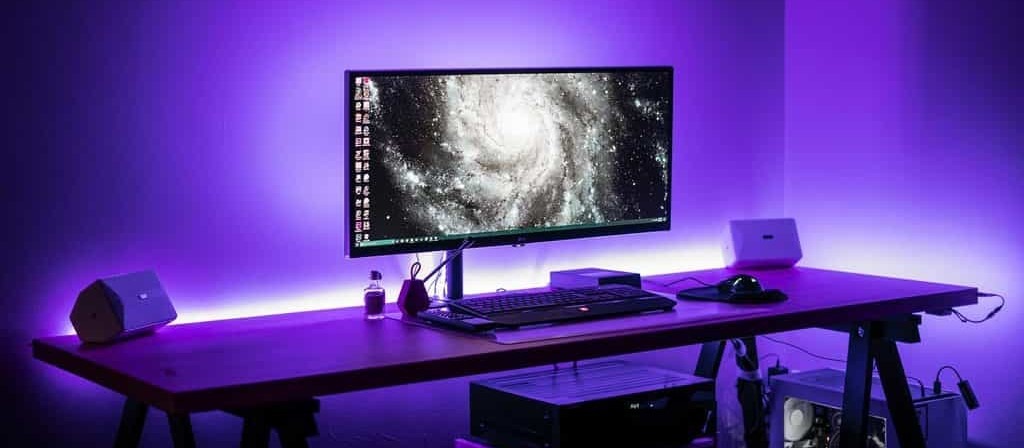 custom built pc in a purple room
