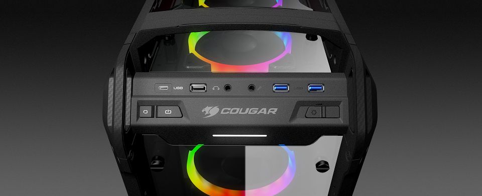 Cougar Panzer EVO RGB ports and fan switch on front panel