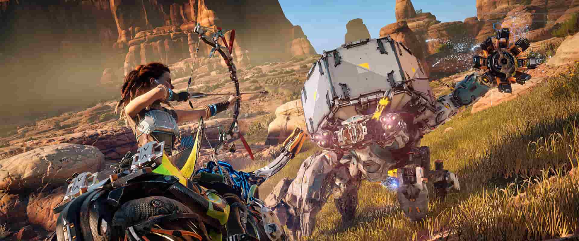Horizon Zero Dawn holding a crossbow