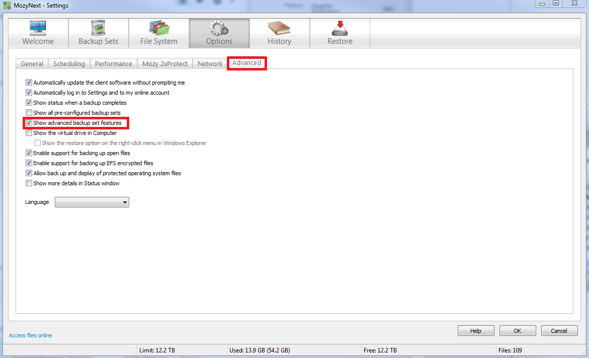 mozy advanced options