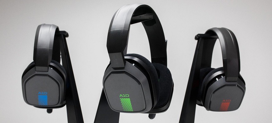 astro a10 headset blue green and red on a headset stand