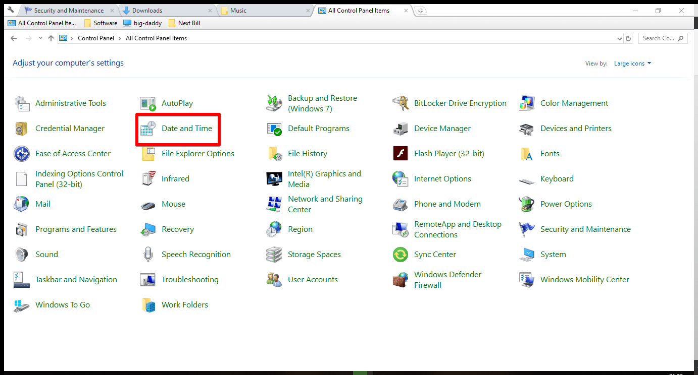 control panel date and time