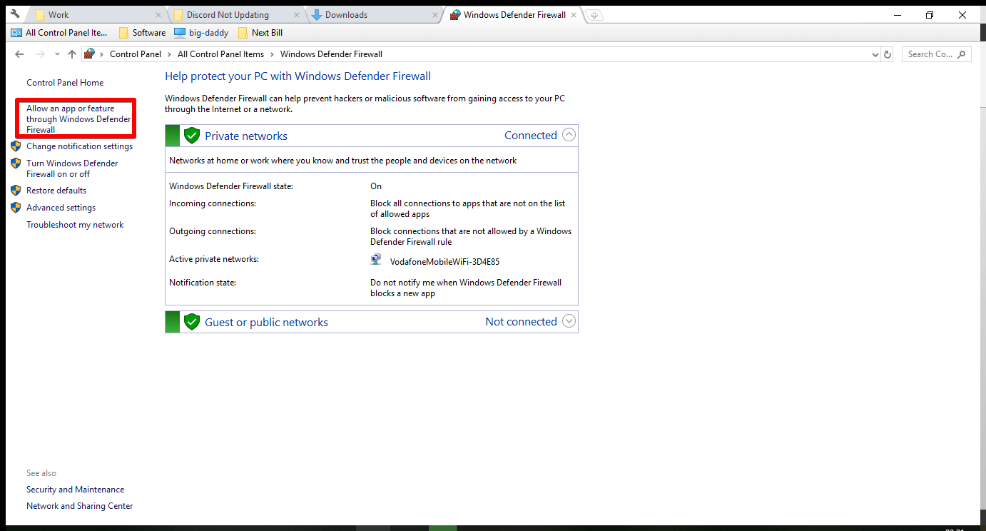 discord Allow an app or feature through Windows Defender Firewall