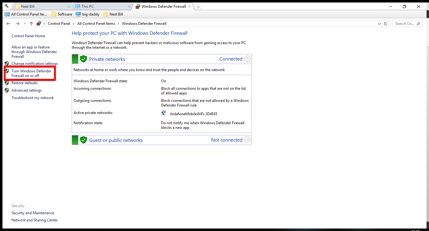 discord turn windows defender firewall on or off