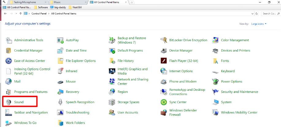Control Panel All Items Sound