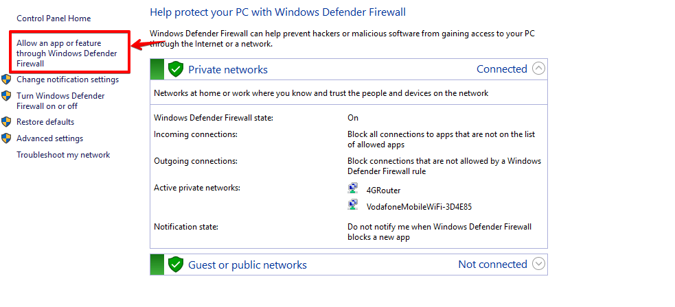 allow an app or feature through Windows Defender Firewall