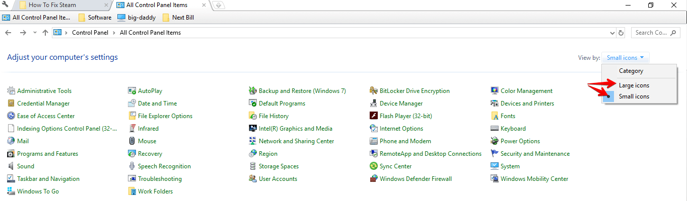 control panel small or large icons