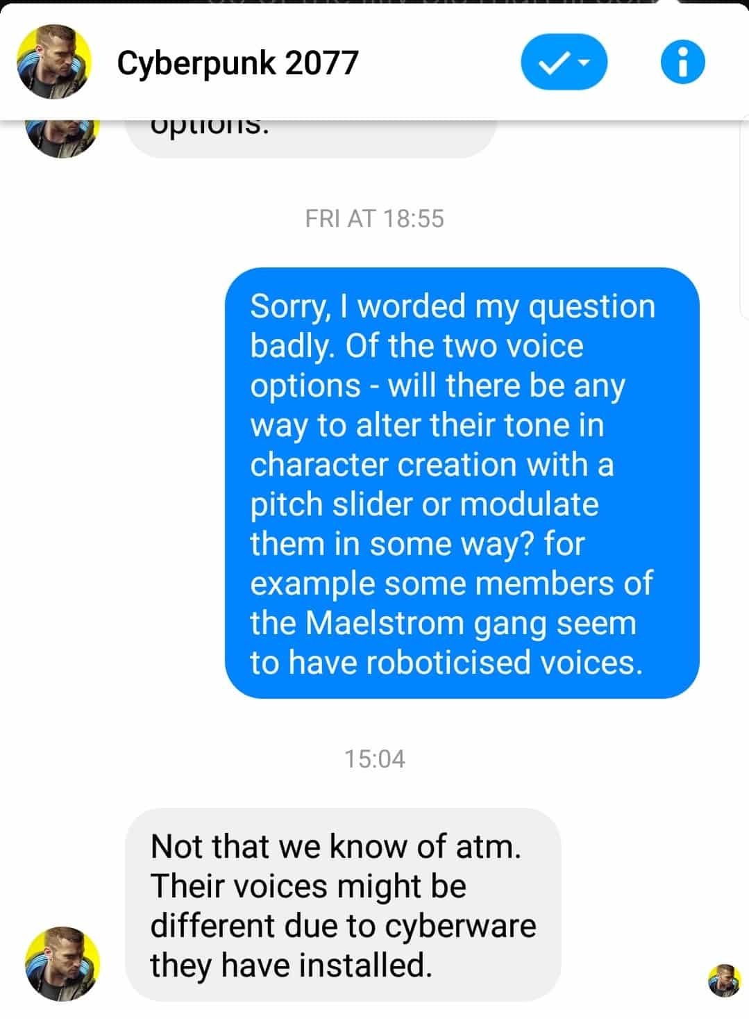 cdprojektred cyberpunk 2077 fan message voice modification