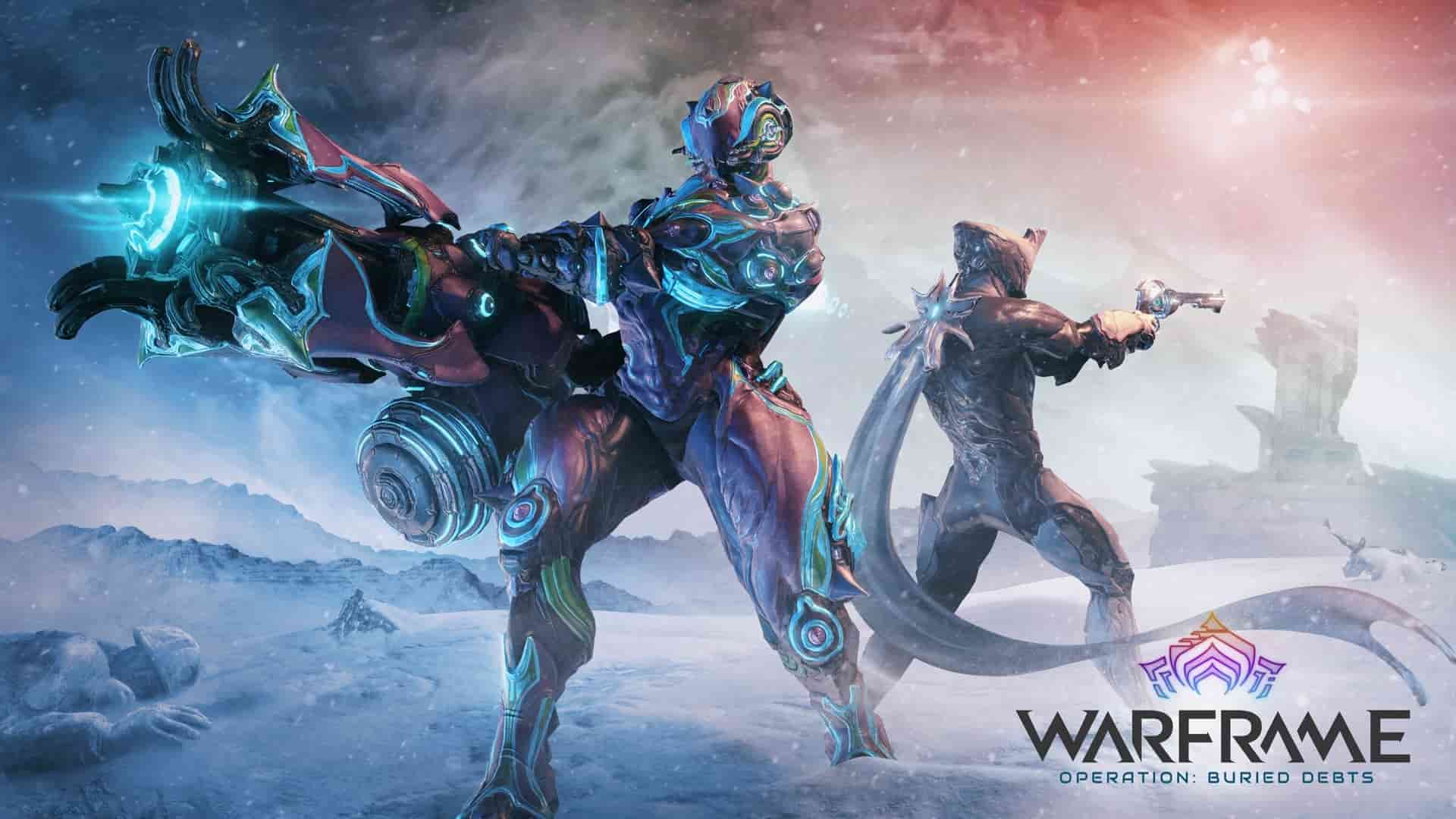 Warframe characters back to back shooting enemies