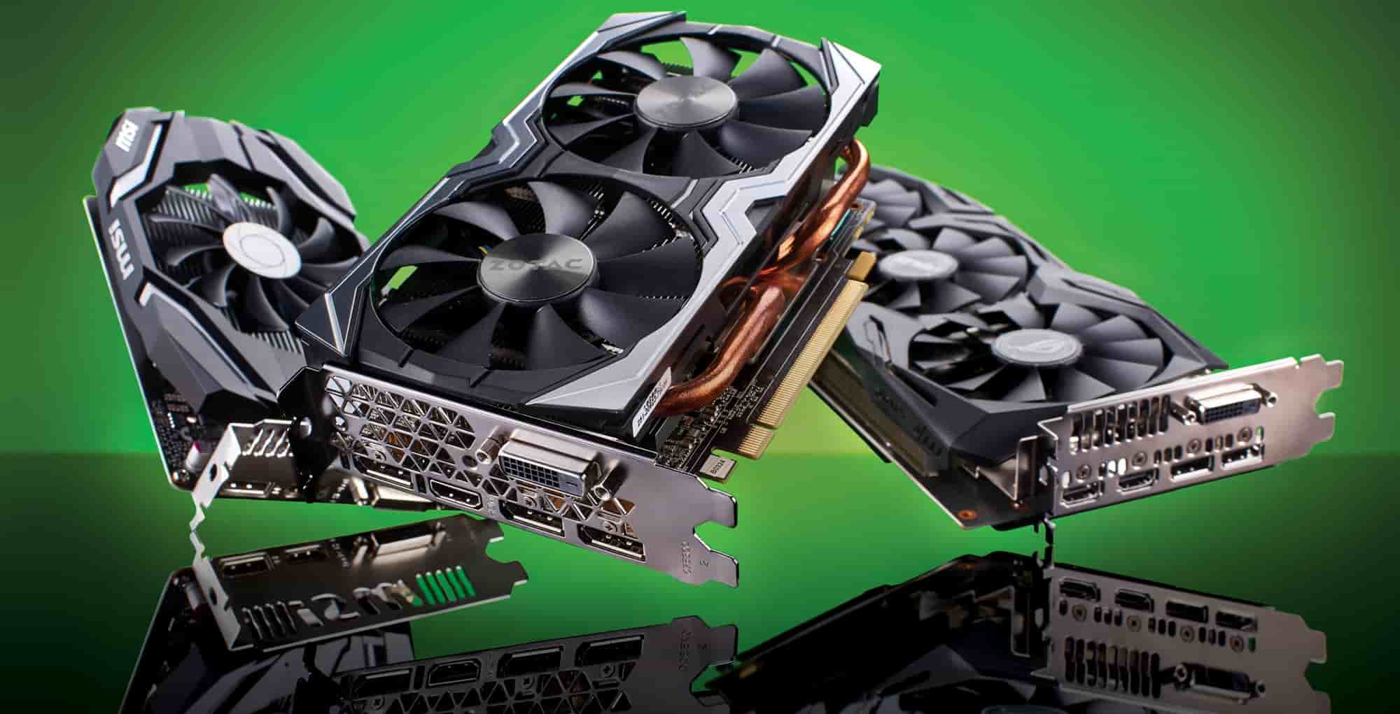 three gpus side by side on a green background