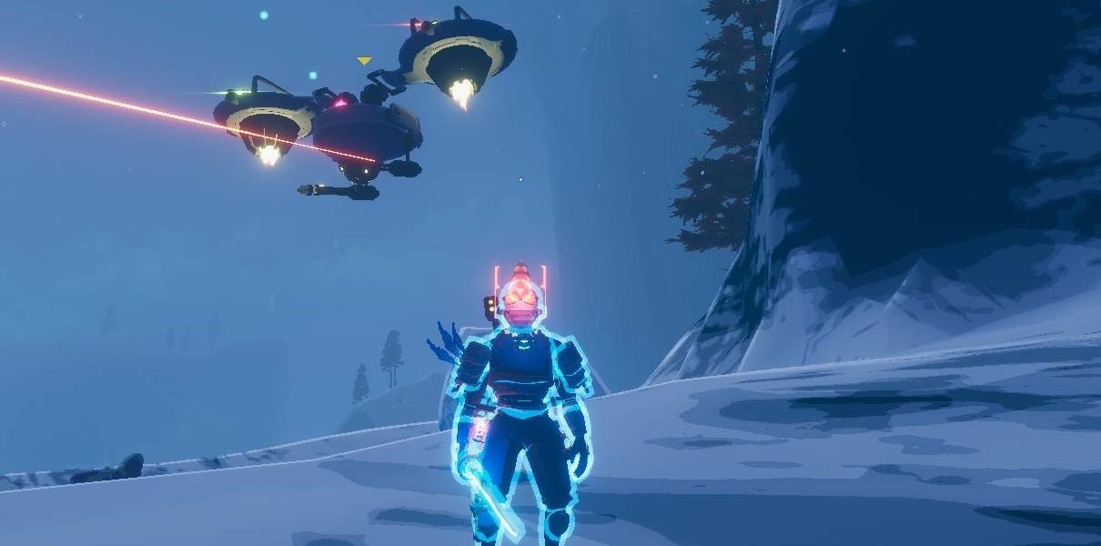 Risk of Rain 2 character with a light saber infront of an alien warship