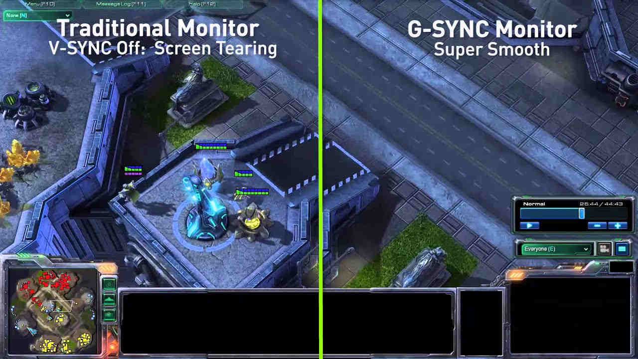 a game on screen showing the difference between traditional and gsync monitor