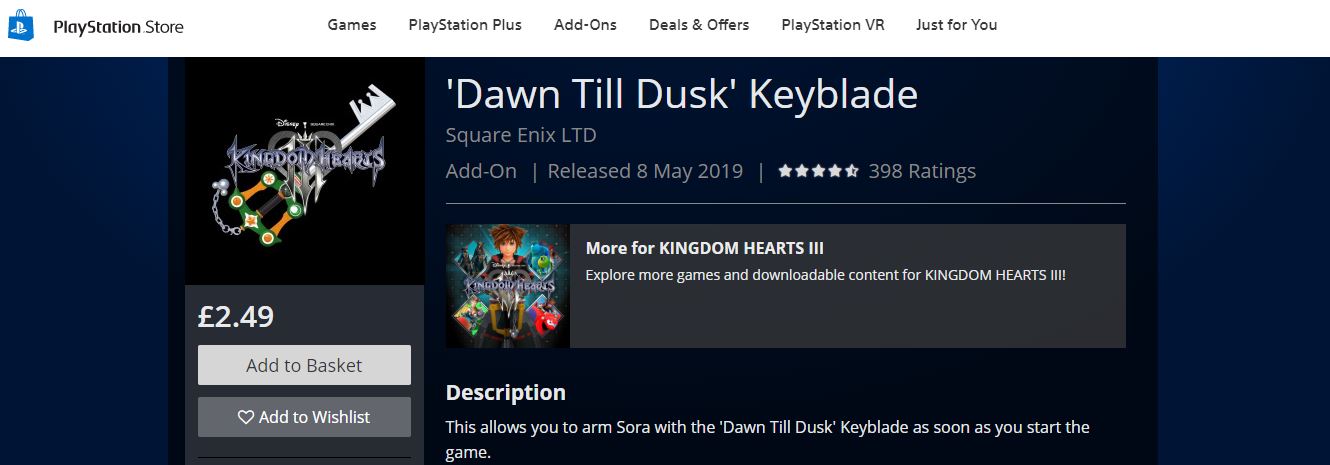 Playstation Store Page for Dawn Till Dusk Keyblade
