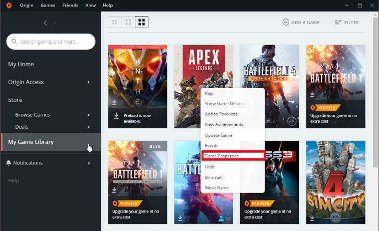 Select Game Properties