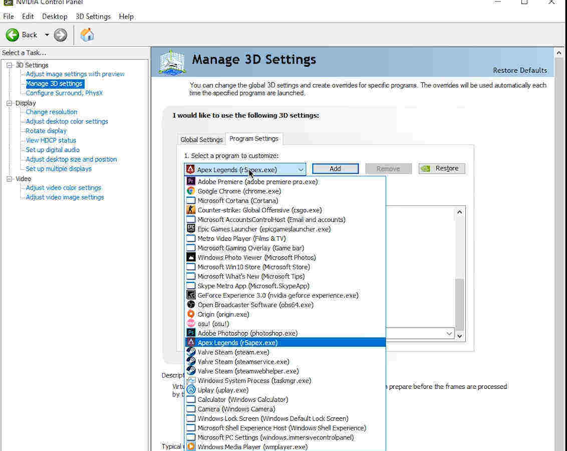 Selecting Apex Legends on Settings